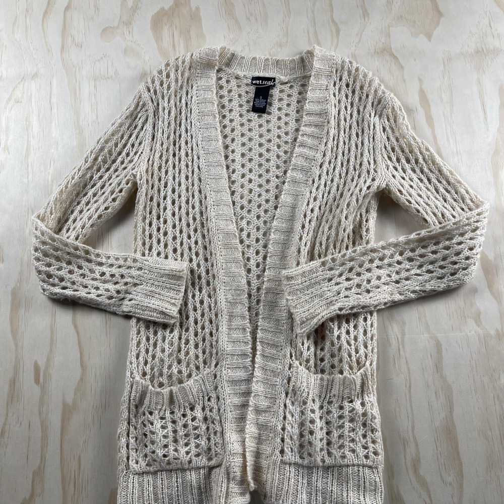 Y2K Wet Seal Cardigan Sweater Womens Small White Open Knit Long Sleeve Cozy